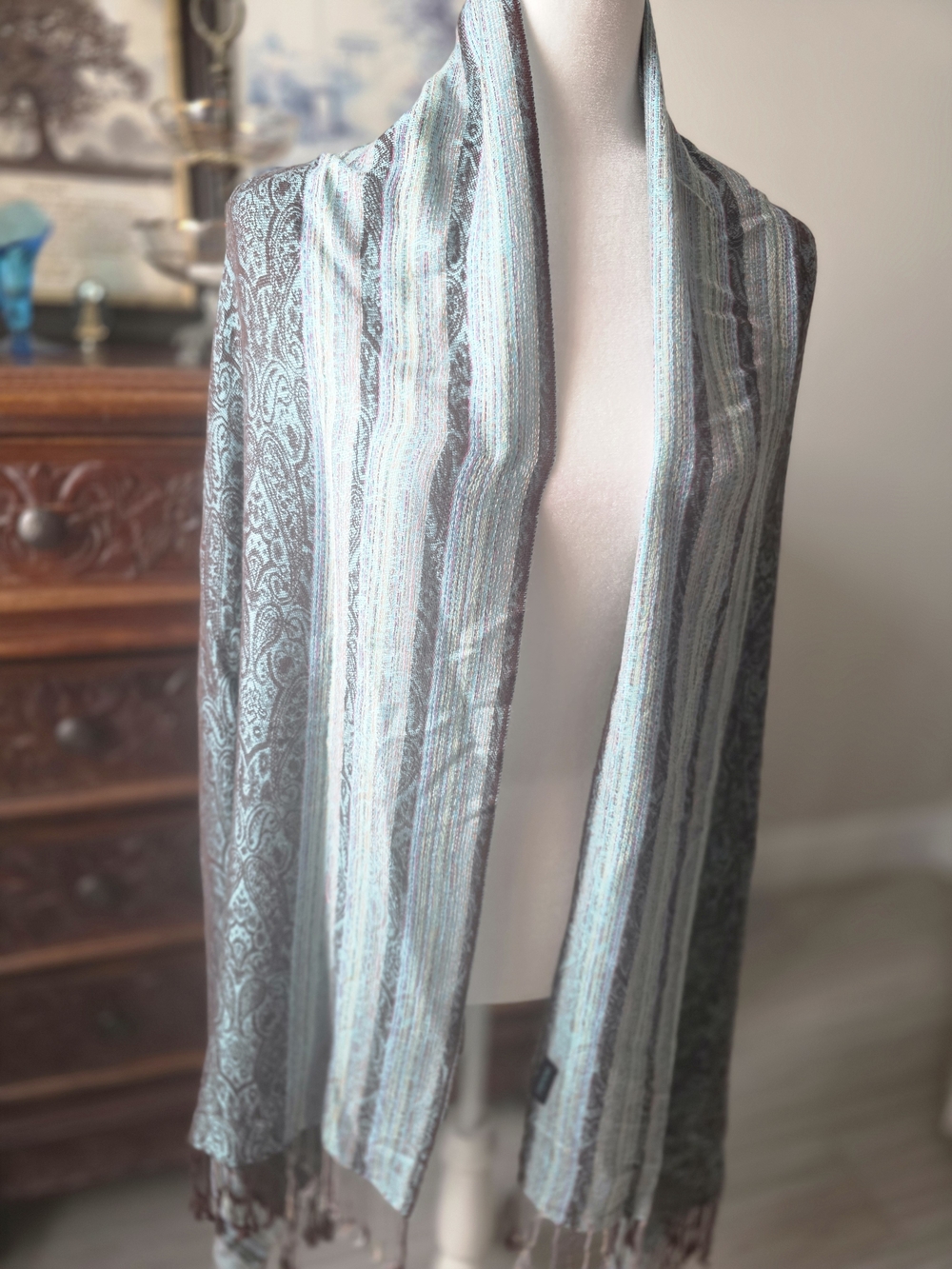 pashmina Blue and Gray Paisley Stripe Wrap